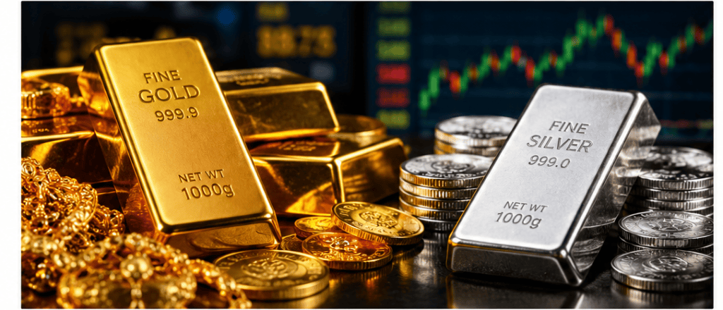 A stack of gold bars and silver bars with fine gold and silver labels, surrounded by gold coins and jewelry, against a blurred stock market background.