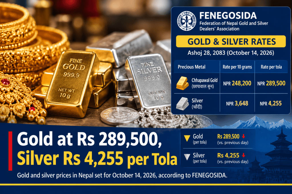 Infographic displaying gold and silver rates in Nepal for October 14, 2026, featuring gold bars, jewelry, and silver bars, with prices of gold at NPR 289,500 per tola and silver at NPR 4,255 per tola.