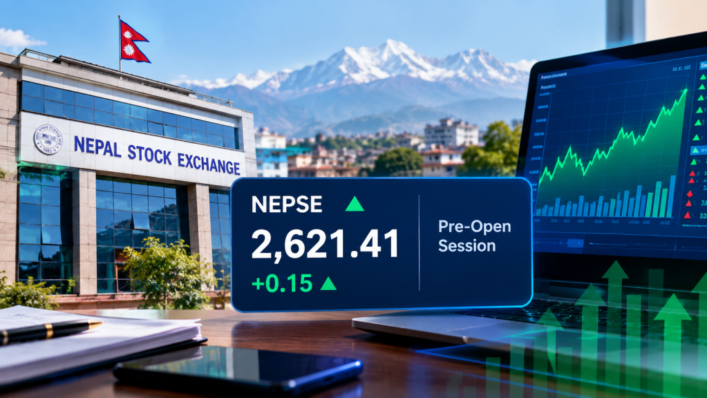 View of the Nepal Stock Exchange building with mountains in the background, featuring a digital display showing the NEPSE index at 2,621.41 during the pre-open session, alongside charts and greenery.